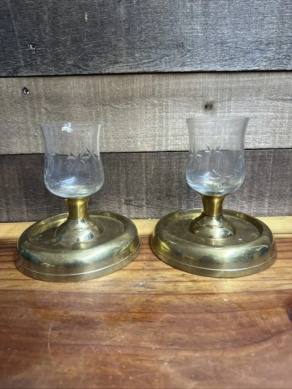 Vintage Brass Candle Holders Glass Starburst Votive Holders Set Of 2